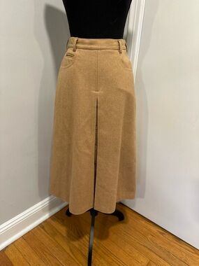 VTG Fox Run high-quality Tan Wool Aline Hidden Button Front Minimalist Skirt